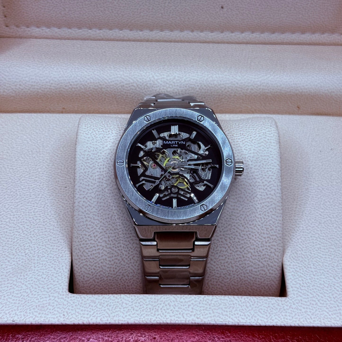 Automatic skeleton black dial with silver chain